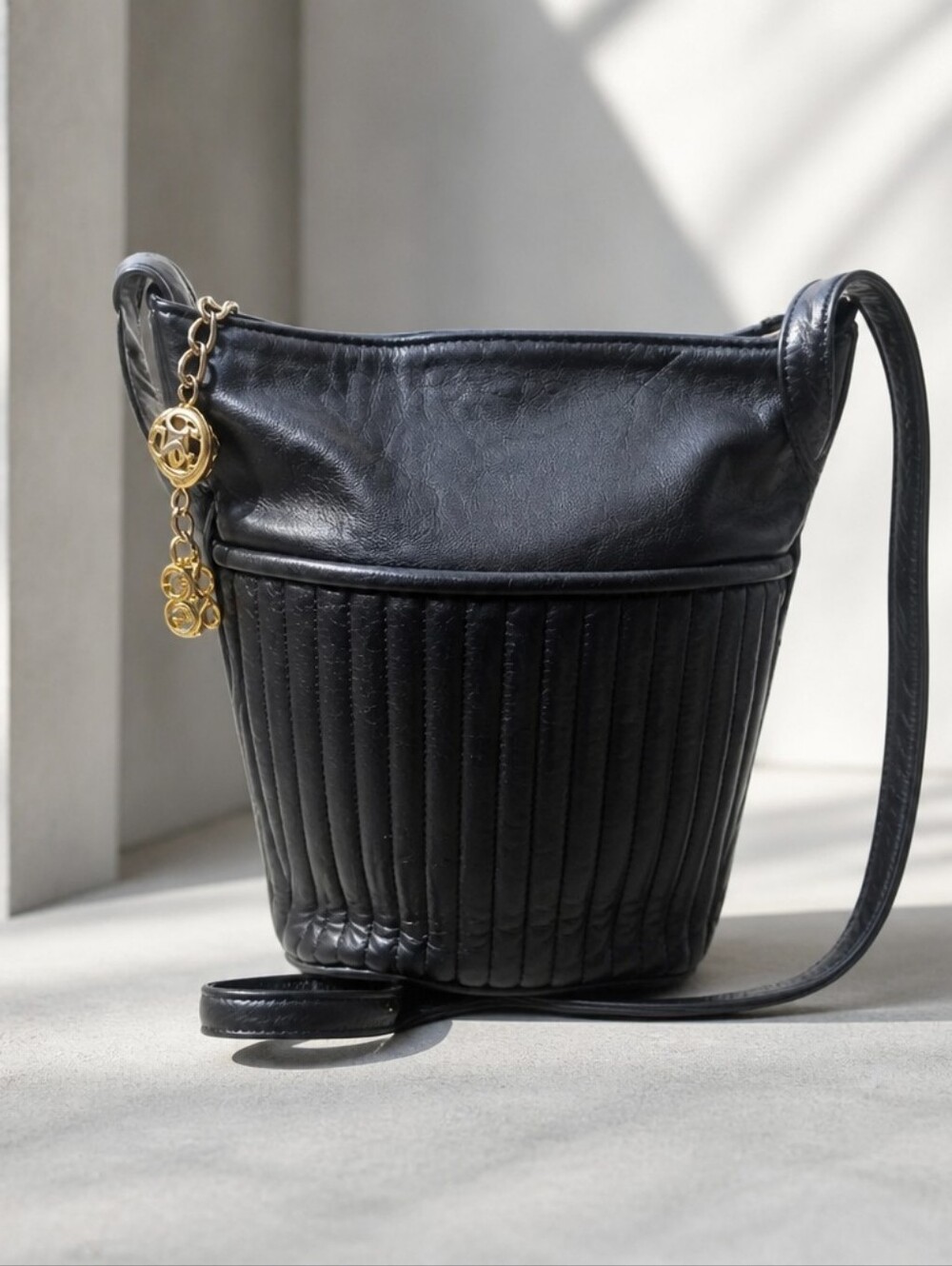 Vintage Paris Handbags New York Black Leather Pleated Bucket Bag - Metal Charm